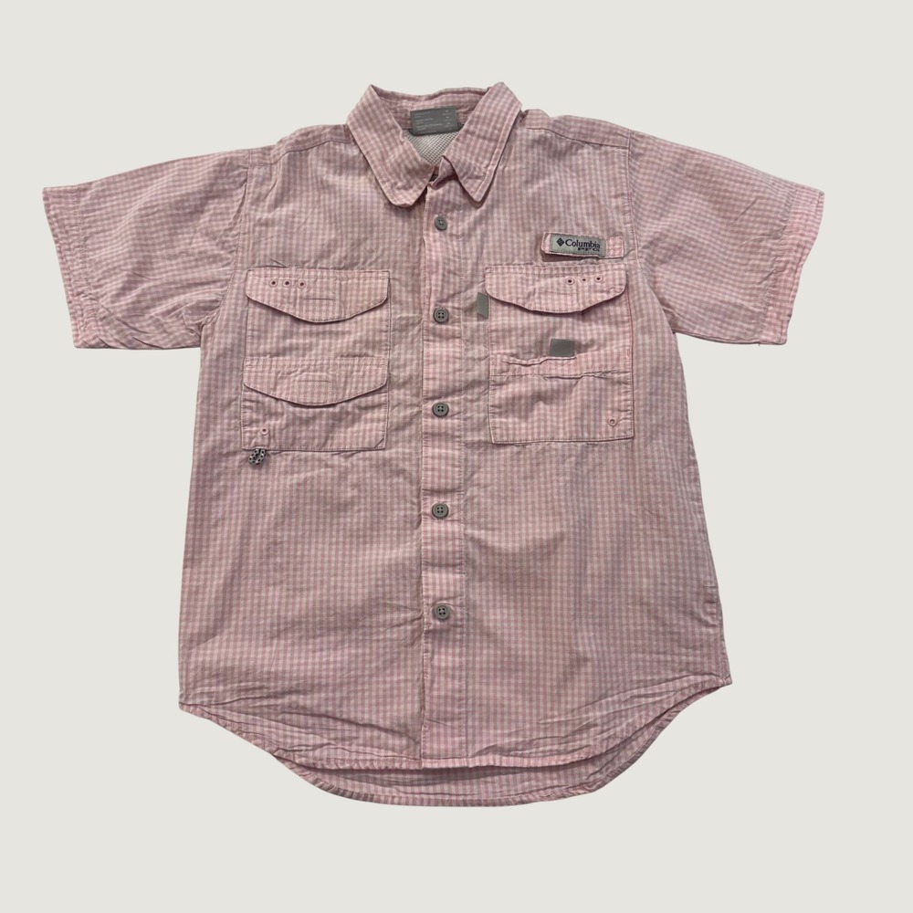 Columbia PFG Fishing Shirt Youth Medium 10/12 Pink Gingham Short Sleeve Stain